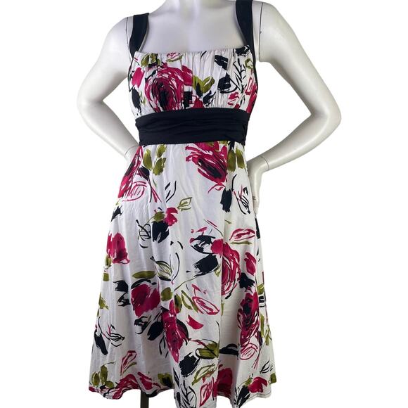 B Smart Womens White Floral Apron Midi Dress Rouched Top Pink Green Blk Bow S 10 - Picture 1 of 10